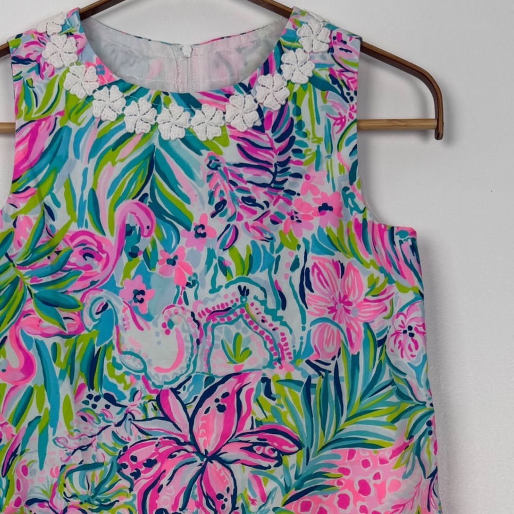 Lilly Pulitzer Girls Pink Blue Tropical Flamingo Lace Trim Shift Dress Size 10